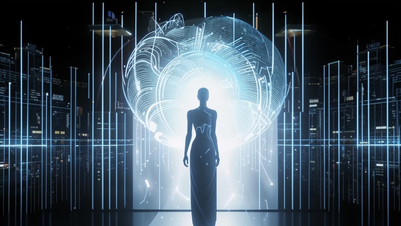 Human silhouette interacting with data stream